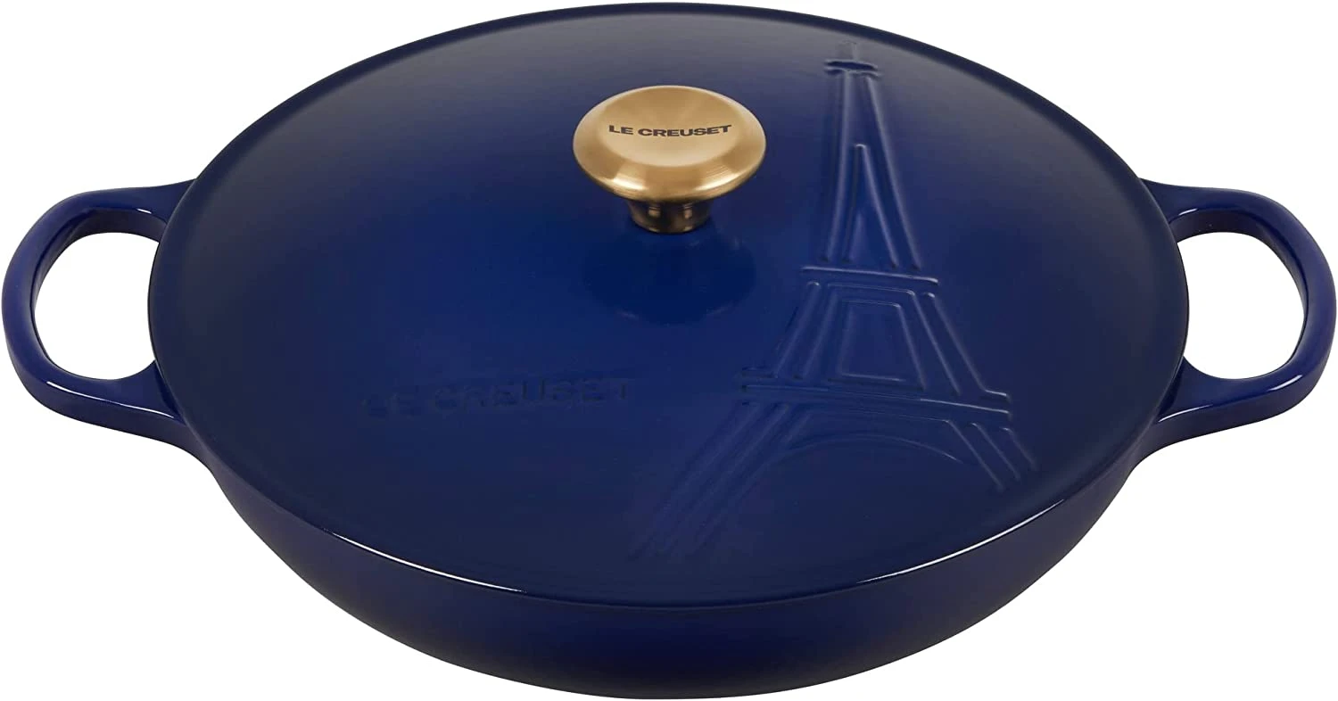 Le Creuset 3 1/2 Qt. Signature Braiser Eiffel Tower Embossed Lid & Gold Knob - Indigo 1 Le Creuset 3 1/2 Qt. Signature Braiser Eiffel Tower Embossed Lid & Gold Knob - Indigo
