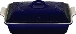 Le Creuset 4 Qt. (12" X 9") Heritage Covered Rectangular Casserole W/Olive Branch Embossed Lid - Indigo