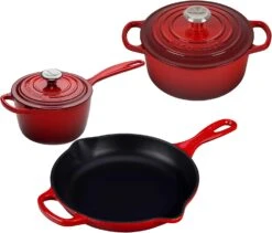Le Creuset 5-Piece Bundle Set - Signature Enameled Cast Iron 2 Qt. Dutch Oven, 1 3/4 Qt. Saucepan, And 9" Skillet - Cerise