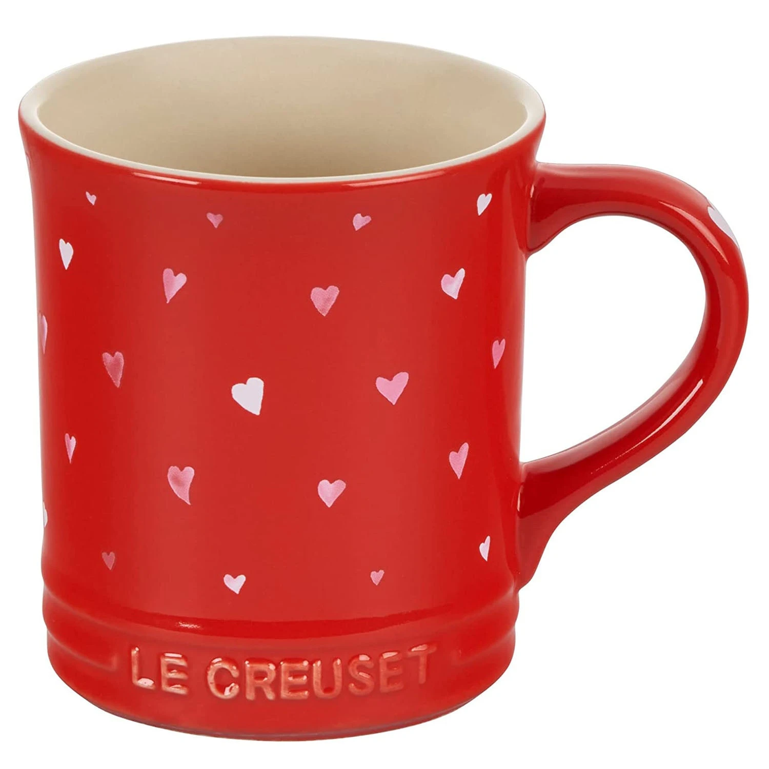 Le Creuset L'Amour Collection: Mug - Cerise W/ Heart Applique 1 Le Creuset L'Amour Collection: Mug - Cerise W/ Heart Applique