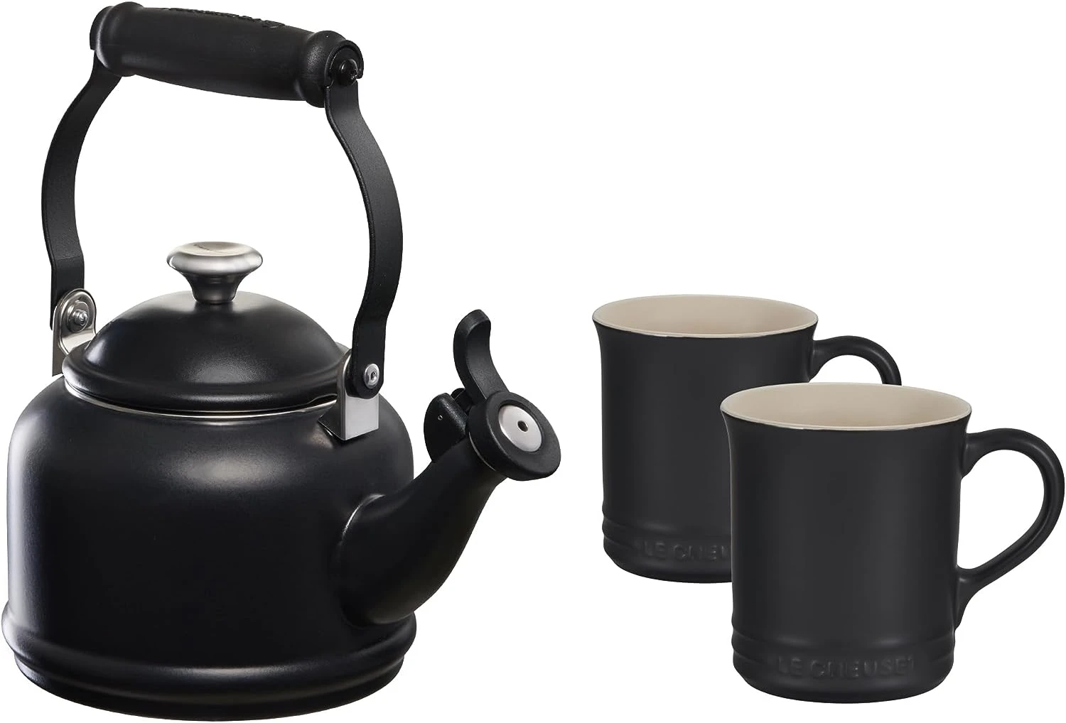Le Creuset 1 1/4 Qt. Demi Kettle W/Stainless Steel Knob & (2) 14 Oz. Mug Set - Licorice 1 Le Creuset 1 1/4 Qt. Demi Kettle W/Stainless Steel Knob & (2) 14 Oz. Mug Set - Licorice