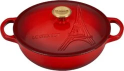 Le Creuset 2 1/2 Qt. Signature Cocotte Eiffel Tower Embossed Lid & Gold Knob - Cerise