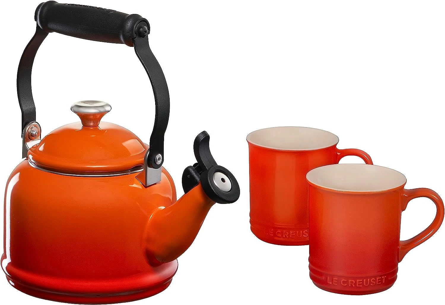 Le Creuset 1 1/4 Qt. Demi Kettle W/Stainless Steel Knob & (2) 14 Oz. Mug Set - Flame 1 Le Creuset 1 1/4 Qt. Demi Kettle W/Stainless Steel Knob & (2) 14 Oz. Mug Set - Flame