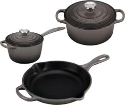 Le Creuset 5-Piece Bundle Set -Signature Enameled Cast Iron 2 Qt. Dutch Oven, 1 3/4 Qt. Saucepan, And 9" Skillet - Oyster