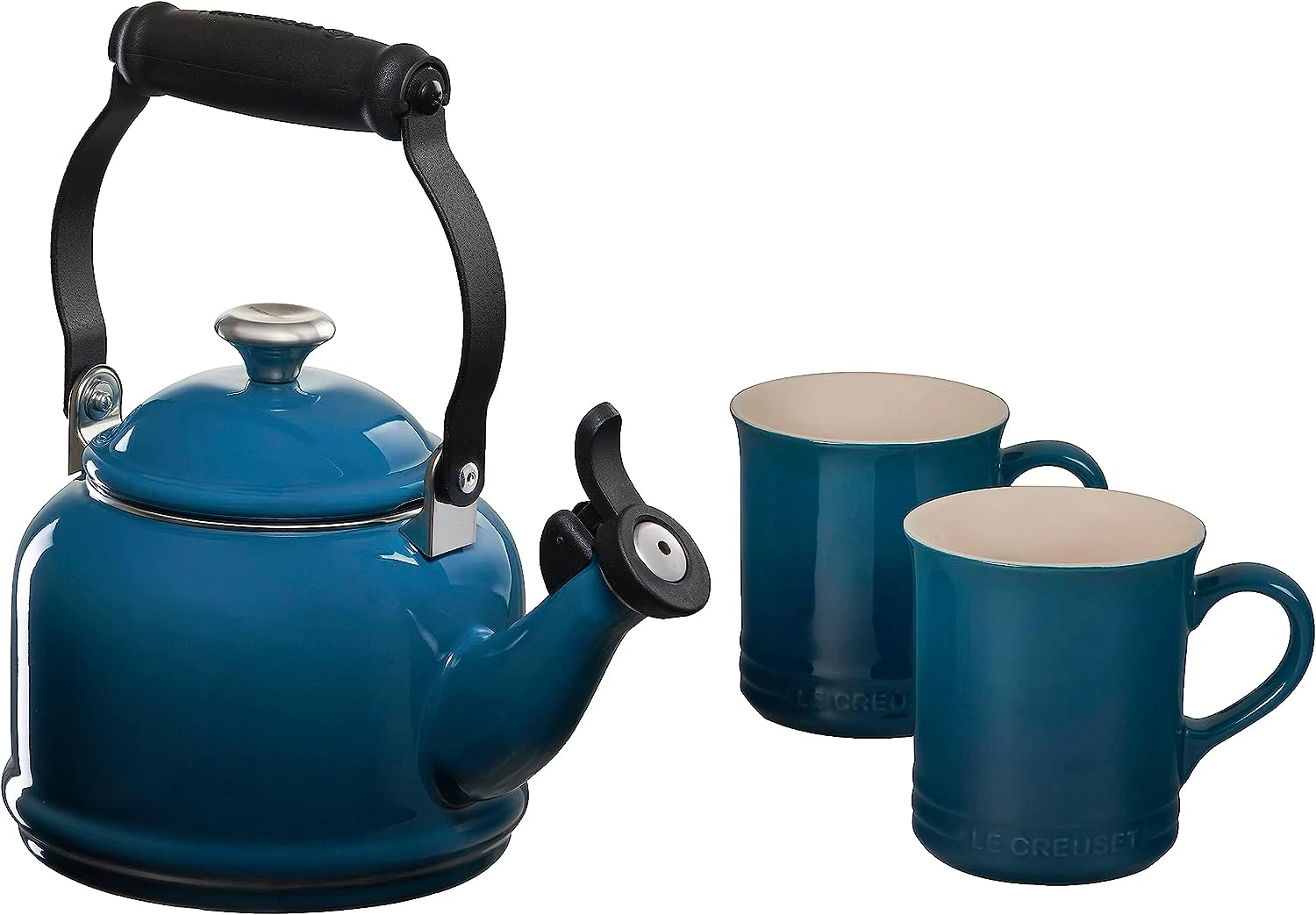 Le Creuset 1 1/4 Qt. Demi Kettle W/Stainless Steel Knob & (2) 14 Oz. Mug Set - Deep Teal 1 Le Creuset 1 1/4 Qt. Demi Kettle W/Stainless Steel Knob & (2) 14 Oz. Mug Set - Deep Teal