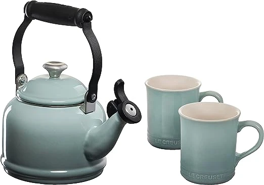 Le Creuset 1 1/4 Qt. Demi Kettle W/Stainless Steel Knob & (2) 14 Oz. Mug Set - Sea Salt 1 Le Creuset 1 1/4 Qt. Demi Kettle W/Stainless Steel Knob & (2) 14 Oz. Mug Set - Sea Salt