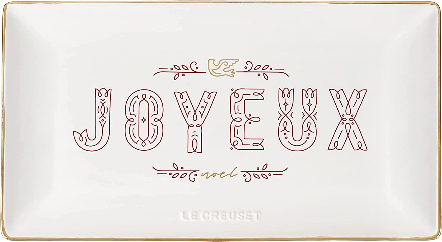 Le Creuset 11.25" X 6.25" Rectangular Hostess Tray W/Applique & Gold Rim - White 1 Le Creuset 11.25" X 6.25" Rectangular Hostess Tray W/Applique & Gold Rim - White