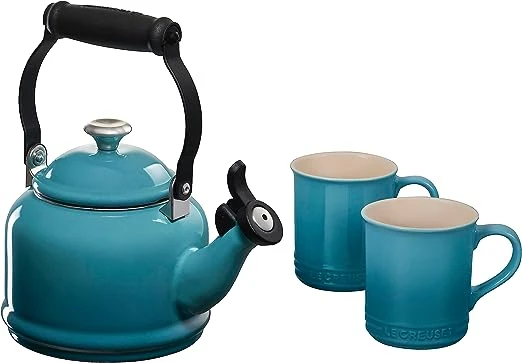 Le Creuset 1 1/4 Qt. Demi Kettle W/Stainless Steel Knob & (2) 14 Oz. Mug Set - Caribbean 1 Le Creuset 1 1/4 Qt. Demi Kettle W/Stainless Steel Knob & (2) 14 Oz. Mug Set - Caribbean