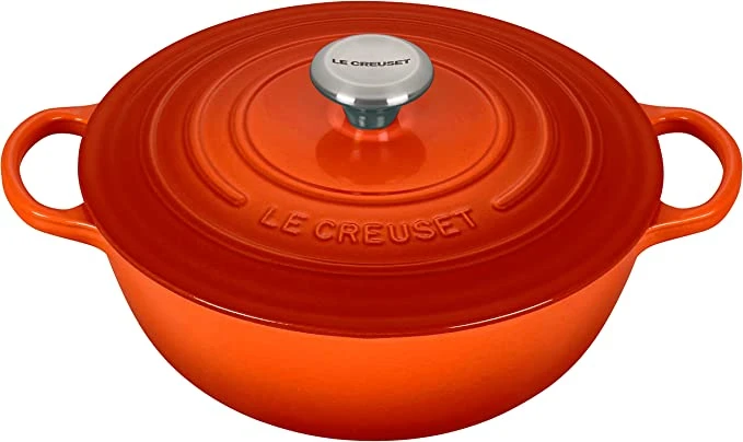 Le Creuset 7 1/2 Qt. Signature Enameled Cast Iron Chef's Oven W/Stainless Steel Knob - Flame- Personalized Engraving Available 1 Le Creuset 7 1/2 Qt. Signature Enameled Cast Iron Chef's Oven W/Stainless Steel Knob - Flame- Personalized Engraving Available