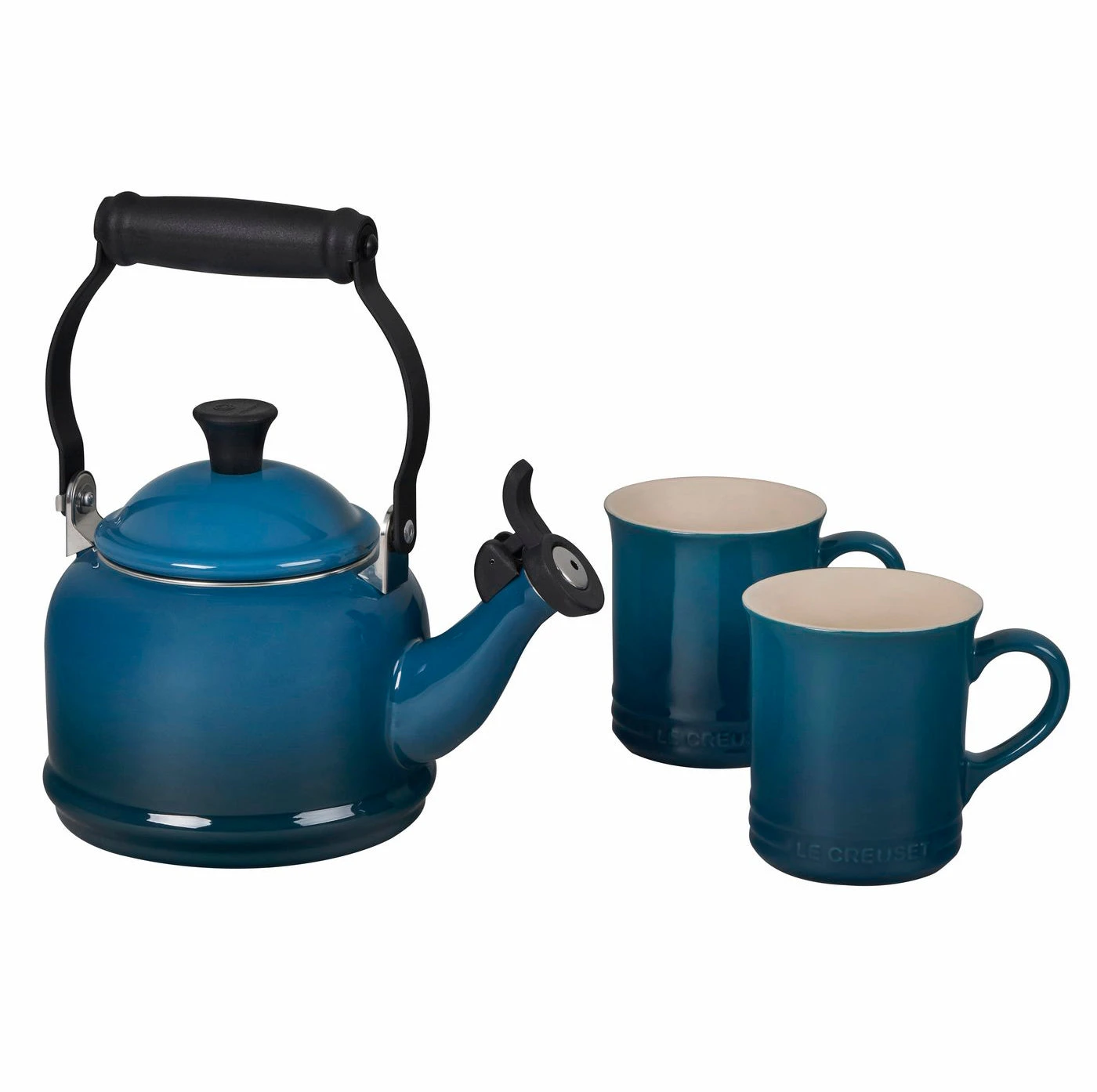 Le Creuset 1 1/4 Qt. Demi Kettle & (2) 14 Oz. Mug Set - Deep Teal 1 Le Creuset 1 1/4 Qt. Demi Kettle & (2) 14 Oz. Mug Set - Deep Teal