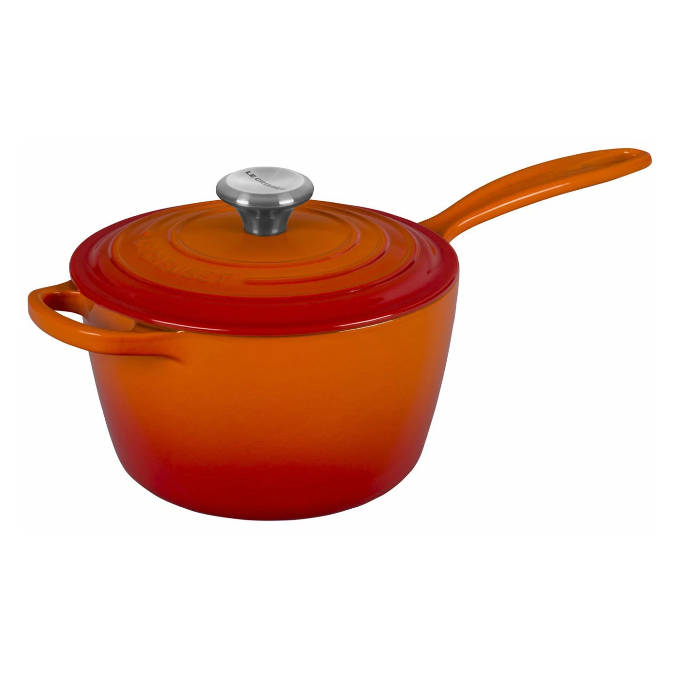 Le Creuset 2 1/4 Qt. Signature Saucepan W/Stainless Steel Knob - Flame- Personalized Engraving Available 1 Le Creuset 2 1/4 Qt. Signature Saucepan W/Stainless Steel Knob - Flame- Personalized Engraving Available