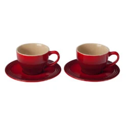 Le Creuset Set Of 2 - 7 Oz. Cappuccino Cups And Saucers - Cerise