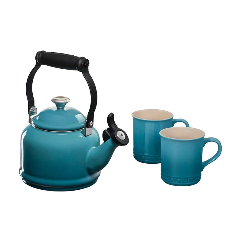 Le Creuset Demi Kettle W/ SS Knob & 2 Mug Set - Caribbean 1 Le Creuset Demi Kettle W/ SS Knob & 2 Mug Set - Caribbean